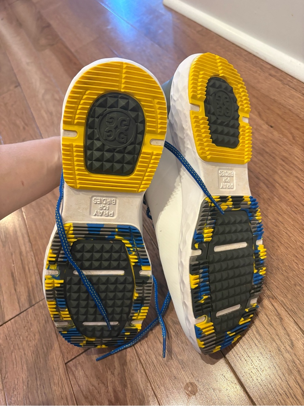 G/FORE White Sneakers with Blue Laces and Yellow Outsole Accents - Picture 2 of 5